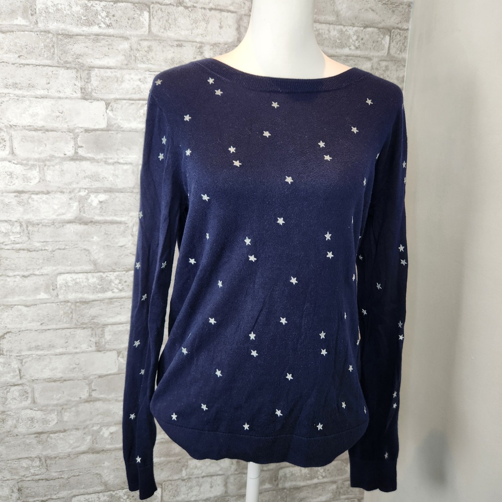 J. Crew Sweater Navy Blue Silver Embroidered Star Celestial Classic Size M